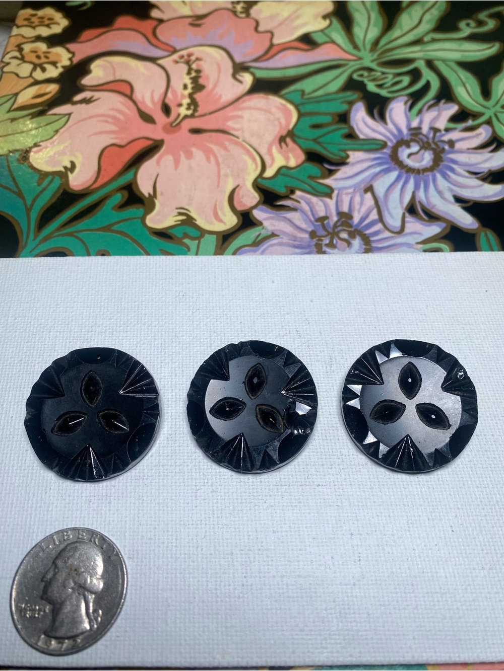 Vintage Black Carved Glass Buttons - Set of 3